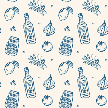 Mediterranean chalk and charcoal vector seamless pattern with olive oil bottle, capers jar, lemon, garlic, olives and tomato in hand drawn ink style