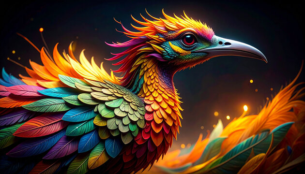Colorful bird portrait in vivid hues against a dark background