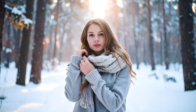 Woman standing in a snowy forest during blue hour creating a pretty young peaceful dreamy warm glowing winter portrait photograph generative AI