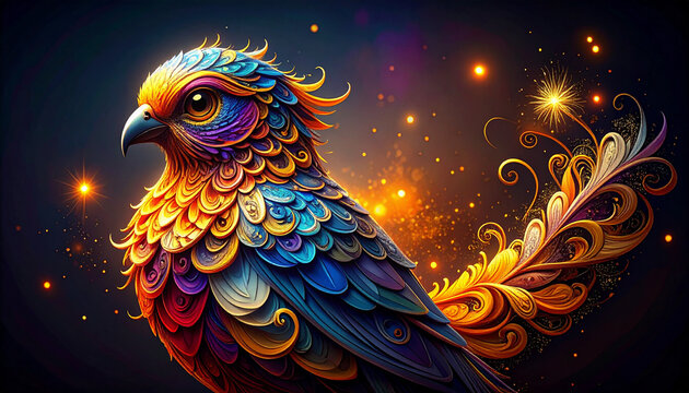 Colorful fantasy bird illustration vibrant feathers and glowing sparkles