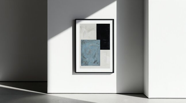 Abstract art in black, blue and white hangs on a plain white wall. Sunlight creates geometric shadows on the wall and floor. Modern interior composition.