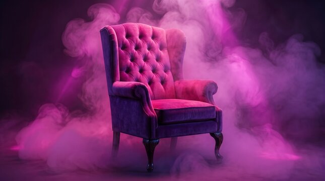 Luxurious Purple Velvet Tufted Armchair in Dramatic Smoky Stage Lighting