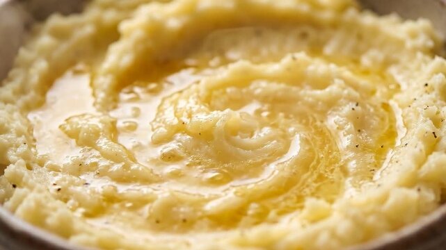 Slow motion tracking shot of mashed potatoes with melted butter being swirled in ceramic bowl on rustic kitchen countertop warm cozy evening comfort food preparation