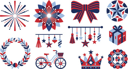 Obraz premium A collection of patriotic american themed design elements including fireworks stars ribbons gift boxes wreaths and a bicycle isolated on a clean white background set