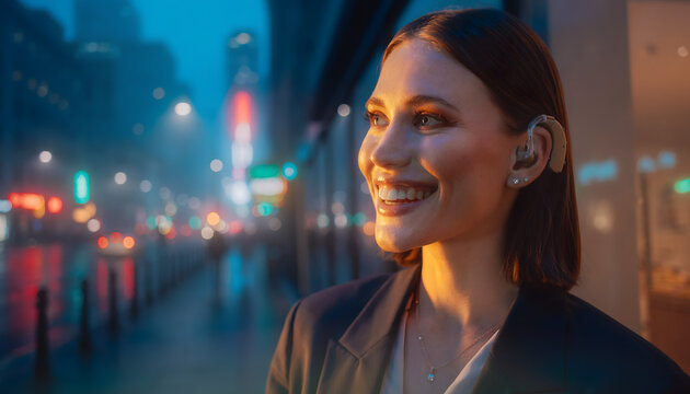 Woman with hearing aids posing beneath city lights during evening blue hour creating a smiling confident joyful urban portrait photograph generative AI