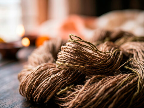 Closeup of natural jute twine rope ball for rustic craft packaging or decoration texture background