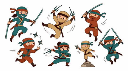 Fototapeta premium Cute Cartoon Ninja Characters in Dynamic Action Poses with Swords and Shurikens, Flat Vector Illustration