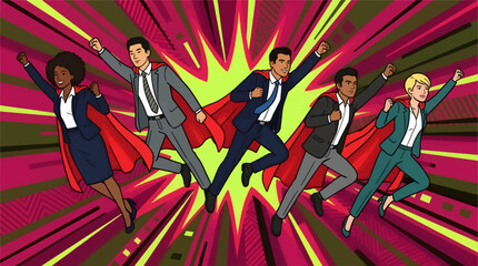 Diverse Business Team Flying as Superheroes in Suits with Red Capes, Dynamic Background, Concept of Success and Teamwork © Luffi