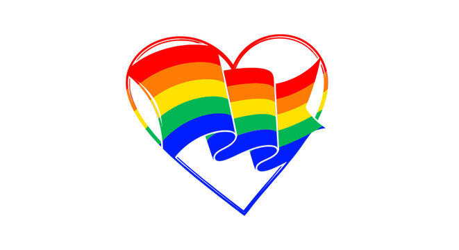 Waving rainbow pride flag shaped as a heart icon.
