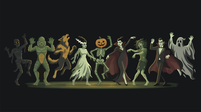Classic Monster Lineup Dancing, Including Mummy, Creature, Werewolf, Bride, Pumpkin Skeleton, Vampire, Zombie, and Ghost, Flat Vector Illustration on Dark Background