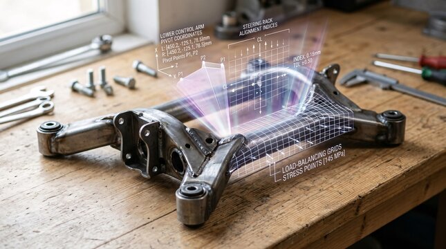 Car engine front subframe cradle on wooden workshop bench highlighted by a glowing 3D scanning grid light