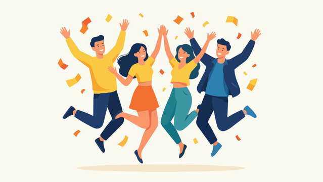 Four people jumping in the air with confetti around them celebrating