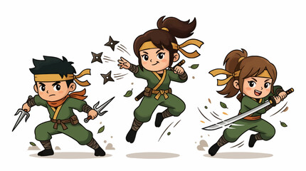 Cute Cartoon Ninjas in Dynamic Action Poses, Throwing Shurikens and Swinging Swords, Flat Vector Illustration with White Background and Copy Space © Alfa