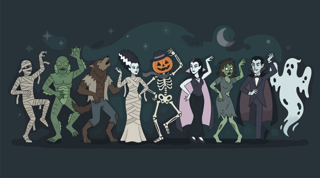 Classic Monsters Lineup Dancing at Night, Mummy, Creature, Werewolf, Bride, Pumpkin Skeleton, Vampire, Zombie, Dracula, Ghost, Halloween Party Illustration