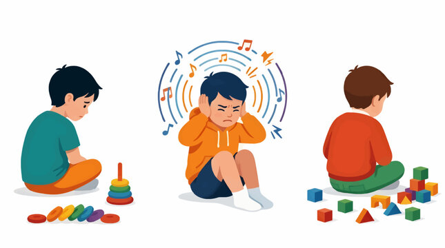 Flat Design Triptych Illustration of Three Young Boys with Toys, One Distressed by Noise, Isolated on White Background, Graphic Resource