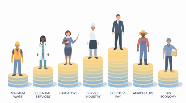 Flat Design Vector Illustration of Diverse Professions Standing on Stacked Coin Bar Graphs Representing Income Levels, Showing Minimum Wage to Executive Pay and Gig Economy