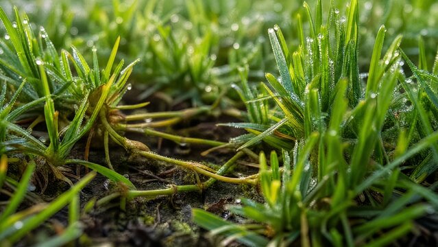 stolon. Lush green lawn with stolon network connecting grass clusters, morning dew. gardening catalogs, home-decor guides, designed for gardening and botanical catalogs, enhances decor appeal.