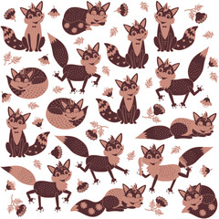 Fototapeta premium Beautiful collection with foxes in different poses in red mahogany and muted clay colors isolated on white background