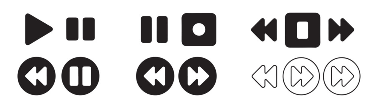 Media player button set featuring play pause record fast forward and rewind icons in various styles.