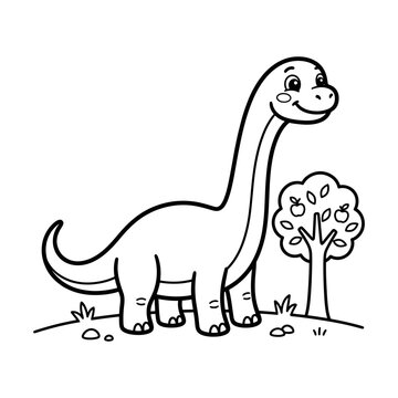Cute cartoon long neck brontosaurus dinosaur standing next to a small apple tree coloring page for kids