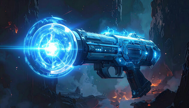 Futuristic energy weapon with glowing blue light and detailed design