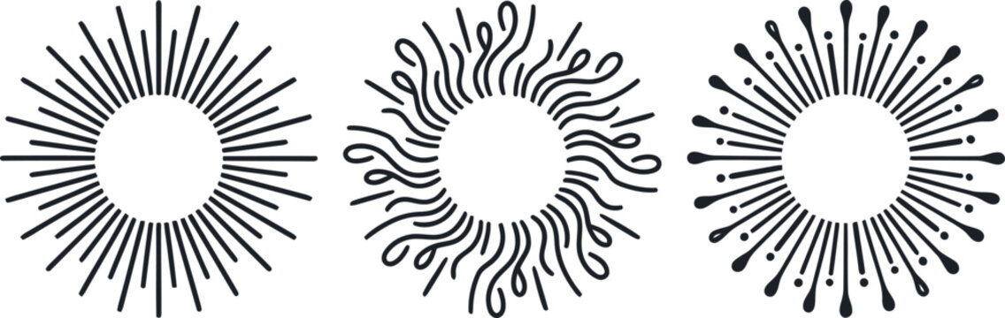 Set of three sun burst line art icons with different decorative rays and circular shapes, circular