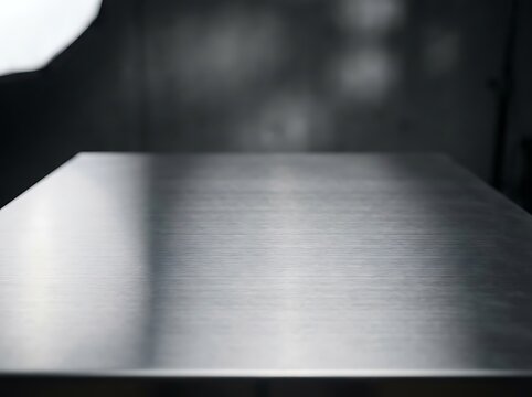 A sleek brushed metal table reflecting soft light in a dark industrial studio with a moody atmosphere.