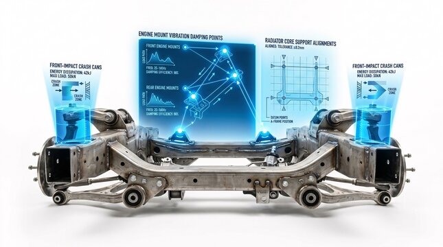 Heavy duty vehicle front subframe crossmember cradle with interactive blue damper stress indicators