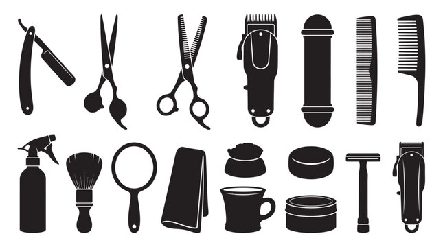 Barber Tools Collection In Black Silhouette hairdressing