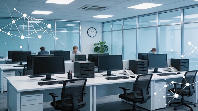 Modern open plan office interior with empty desks, computers and business people working in background, corporate workspace concept.