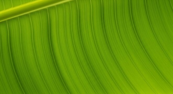 Macro detail of bright green tropical banana leaf texture with plant life