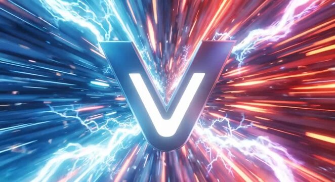3d glowing v icon racing through a cinematic energy tunnel with blue and red lightning bolts.