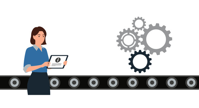 A woman examines a laptop on an industrial conveyor belt with gears.