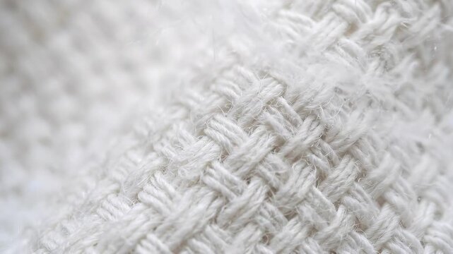 Slow pan macro tracking of wool knit fabric shifting focus across textured knit surface in studio indoor setting with soft cream tones and cozy neutral mood