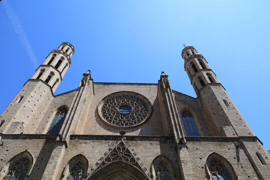 Gothic facade of the Basilica of Santa Maria del Mar in Barcelona, Spain  