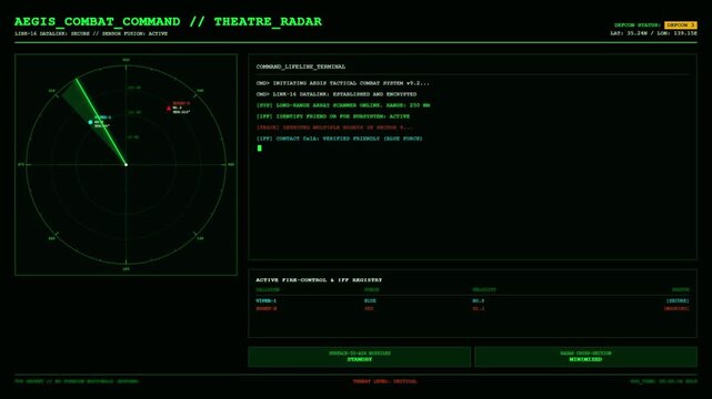 Aegis Combat Command Theatre Radar DEFCON IFF Bogey Tracking Fire Control Military Dashboard Animation.