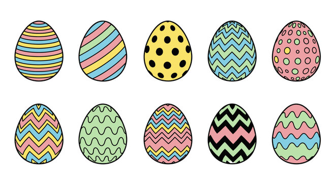 Easter eggs are decorated with colorful patterns and designs on a white background
