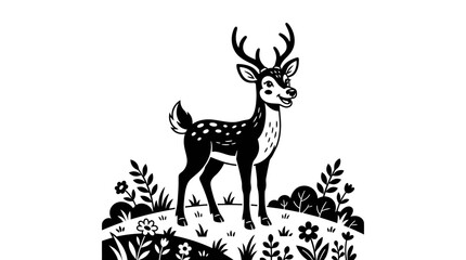 A charming spotted deer stands in a field of wildflowers and foliage © Deni