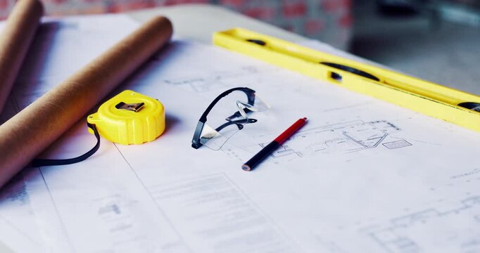 Blueprint, architecture and planning on construction site for building safety or security. Empty, documents or paperwork with floor layout, tools or PPE for civil engineering design or infrastructure