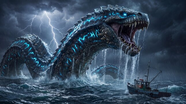 Giant sea monster attacking fishing boat in stormy ocean