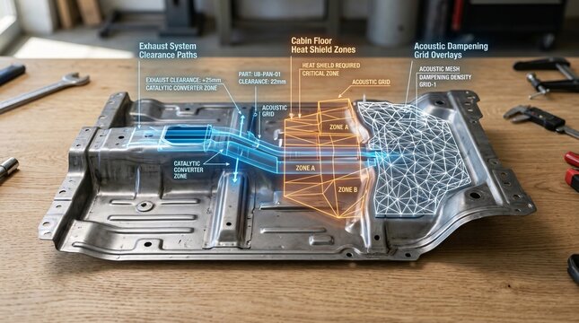 Pressed metal floor pan heat shield plate on workbench with an interactive thermal insulation map matrix