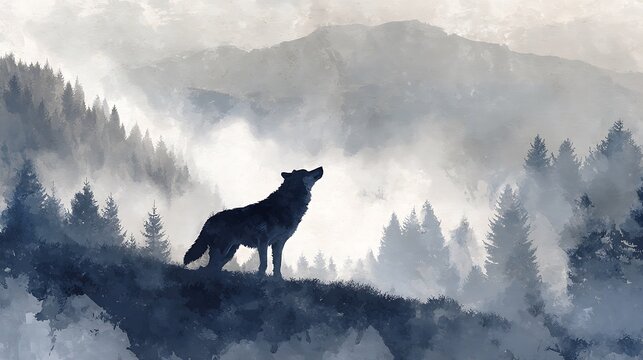 A lone wolf howling in a misty forest mountain landscape