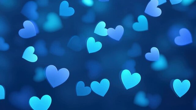 Abstract background with soft glowing blue heart shapes floating in a dark gradient bokeh style for romantic and love themes