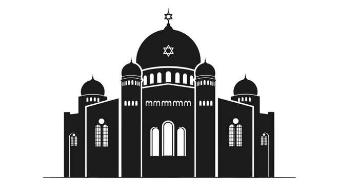 Black and white silhouette illustration of a synagogue building.