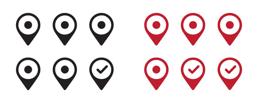 Map markers and location pin icons set featuring dots and checkmark symbols for navigation and tracking.