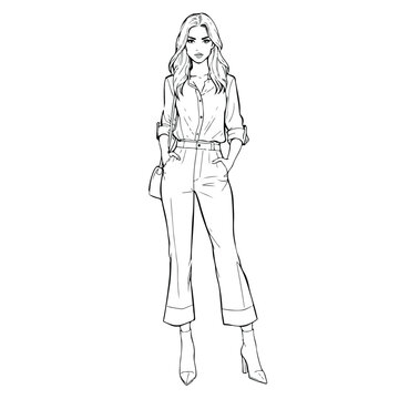 Vector illustration of a girl in sketch style fashion drawing with outline art of a woman model in a dress, cartoon line design showing people and beauty concept