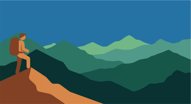 hiker standing on mountain peak landscape illustration