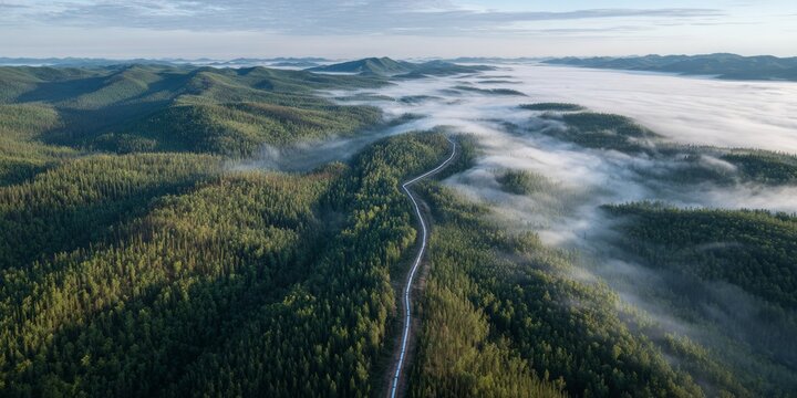 Oil pipeline crossing vast forest landscape in siberia, russia to china