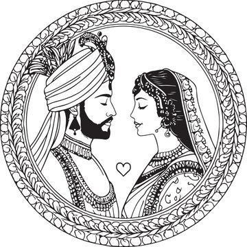 Vector illustration of a vintage style woman bride couple love portrait with elegant hair beauty face sketch design artwork