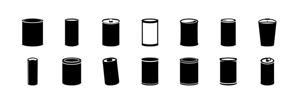 Flat pack soda cans and beer bottles collection - Simple flat design vector set of soda cans and beer bottles in black and silver colors, arranged in a clean, organized layout.